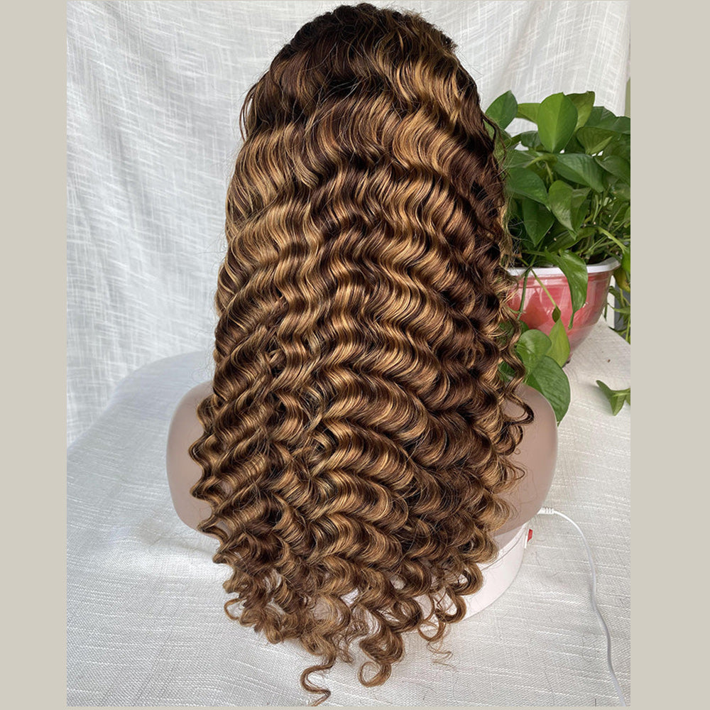 #4/27 Highlight Deep Wave Full 13x4 Frontal transparent Lace Wig Color Wig - Frontal Wig