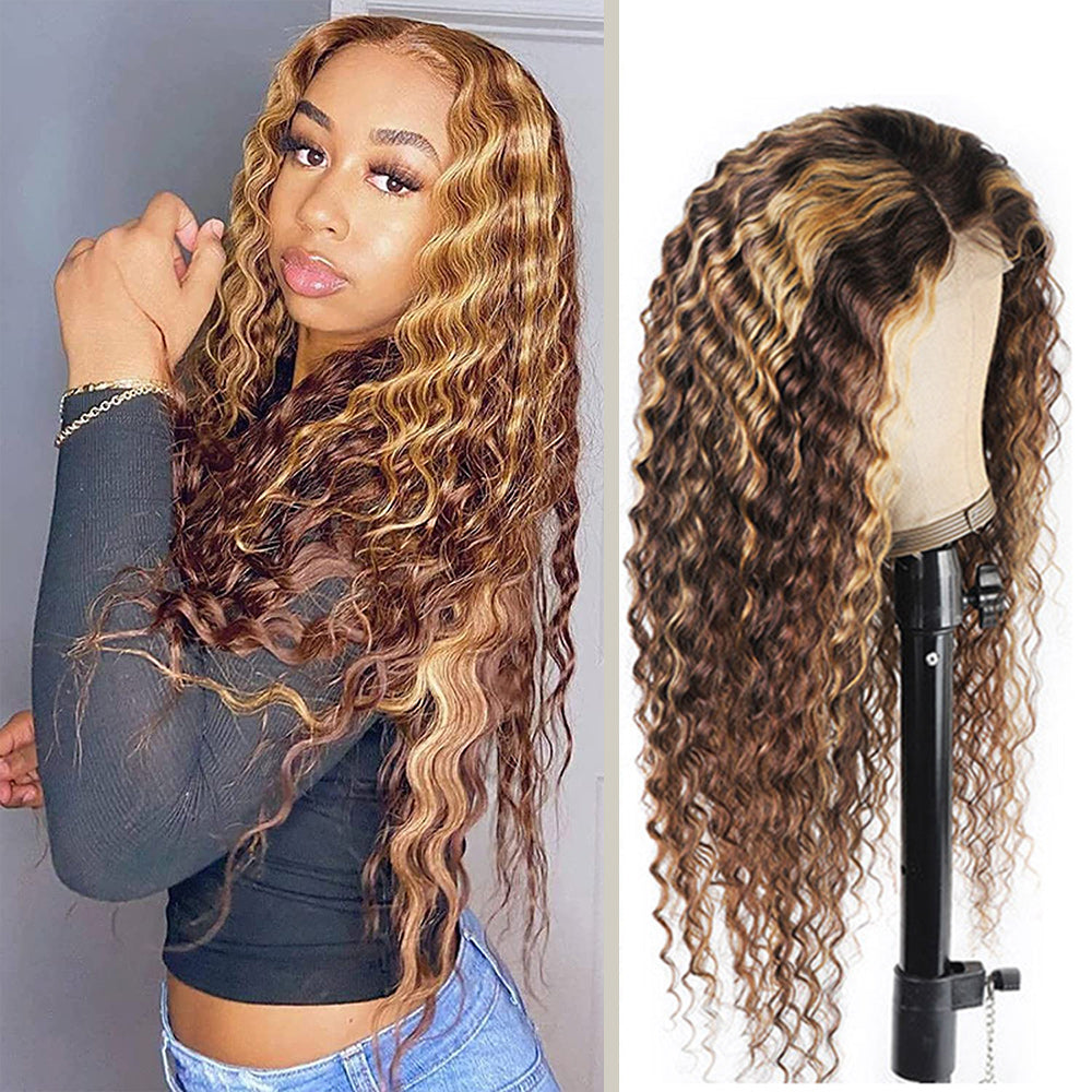 #4/27 Highlight Deep Wave Full 13x4 Frontal transparent Lace Wig Color Wig - Frontal Wig