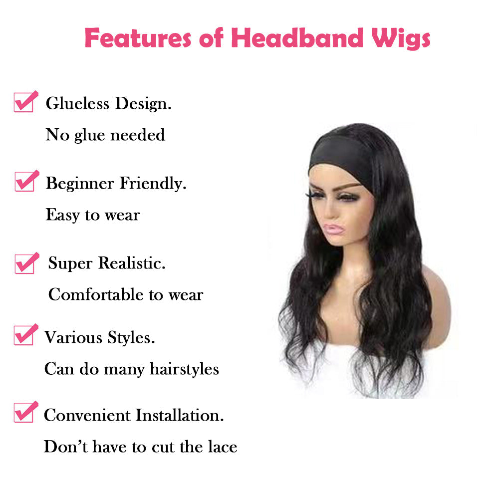 Body Wave #1B Natural Black Flexible 180% Density Beginner Friendly Headband Wig - Headband Wig