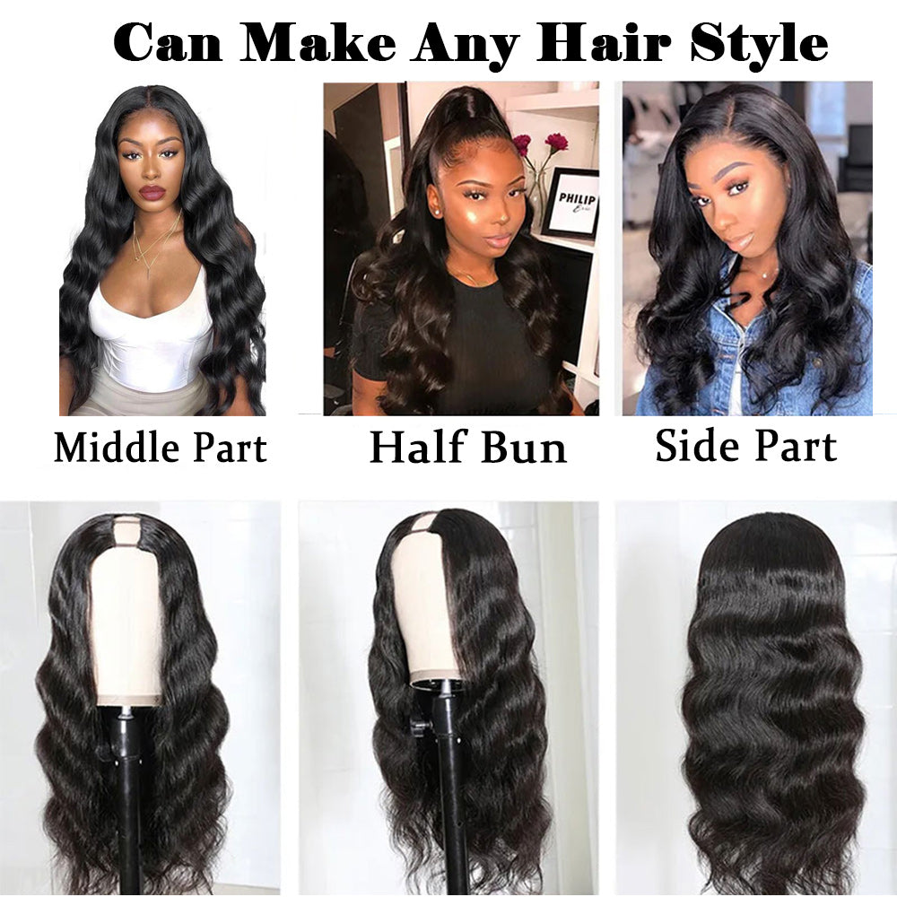 Body Wave #1B Natural Black U Part Wigs 100% Virgin Human Hair 180% Density Free Shipping - U Part Wig