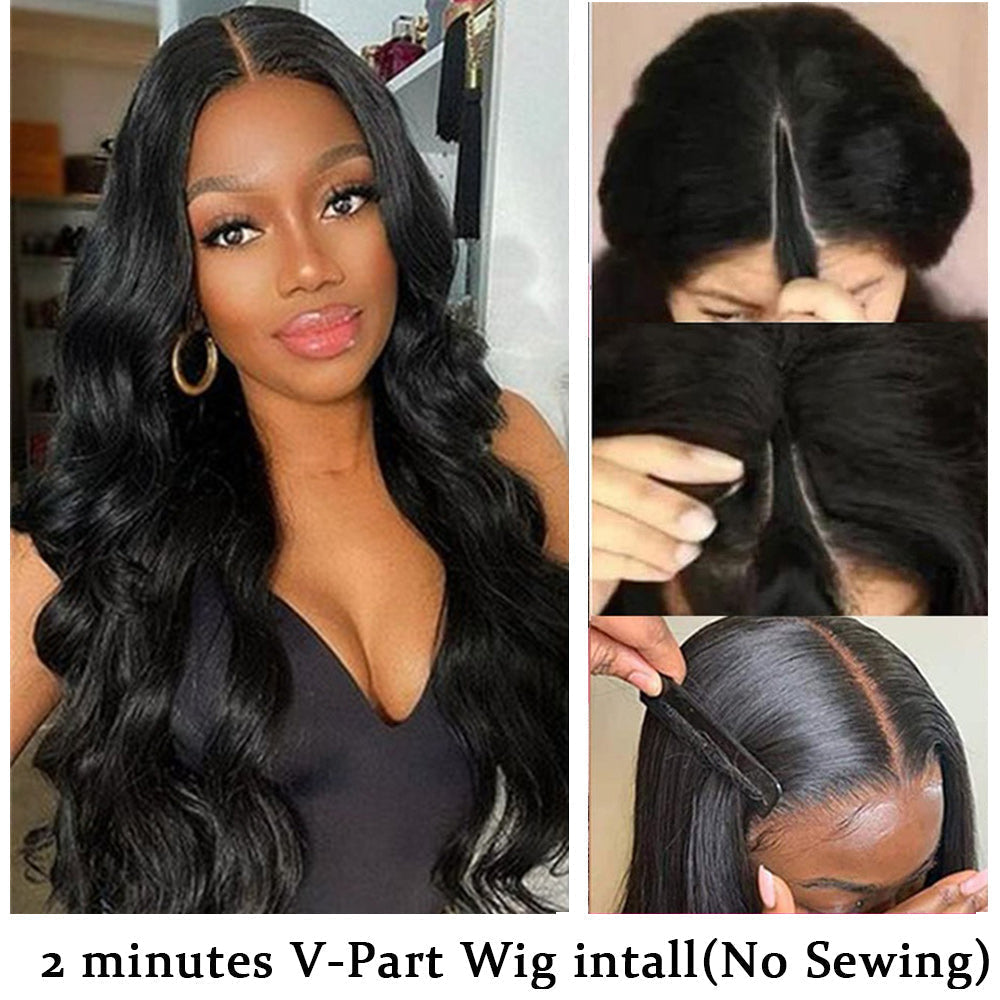 Body Wave #1B Natural Black V Part Wigs 100% Virgin Human Hair 180% Density Free Shipping - V Part Wig
