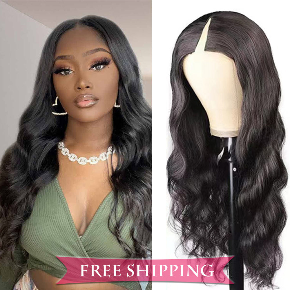 Body Wave #1B Natural Black V Part Wigs 100% Virgin Human Hair 180% Density Free Shipping - V Part Wig