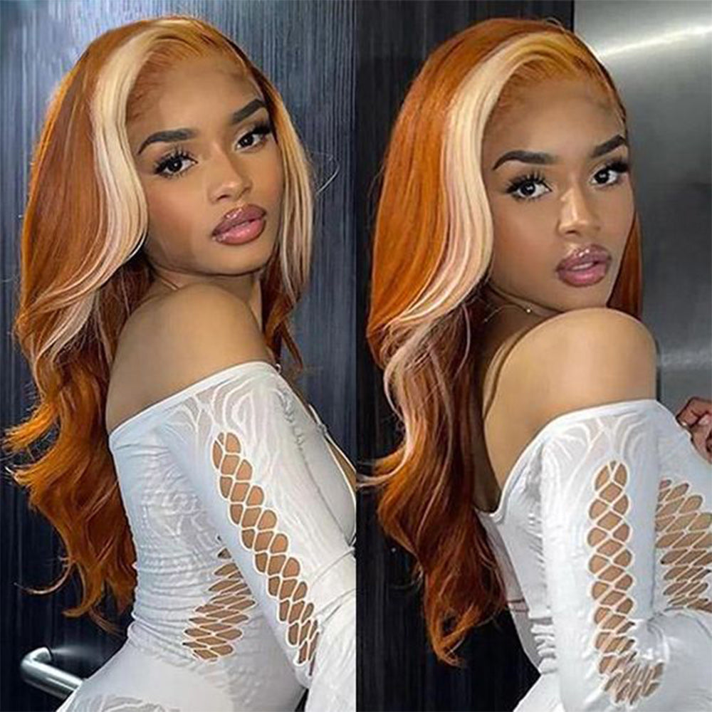 Body Wave #613/350 Blond Front/Orange Back Highlight Full 13*4 Frontal Lace Wig Color Wig Free Shipping - Frontal Wig