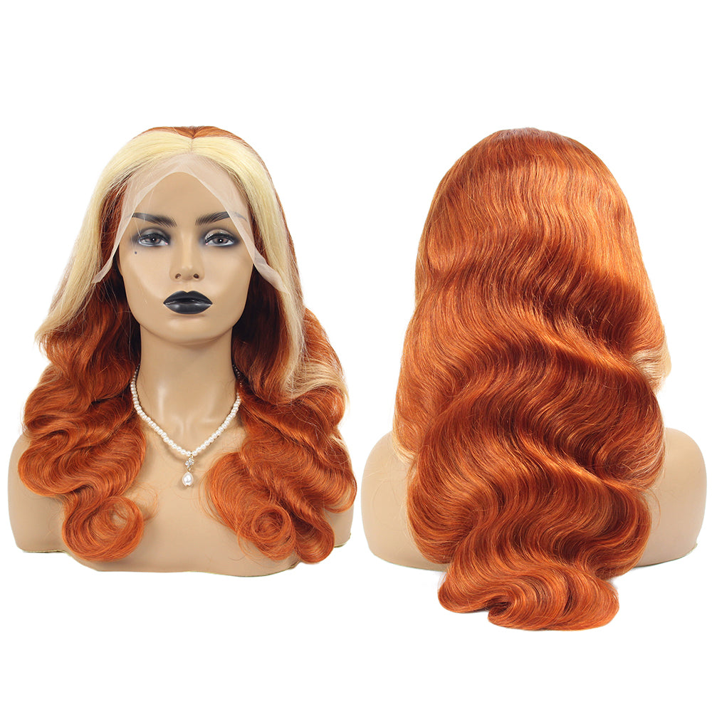 Body Wave #613/350 Blond Front/Orange Back Highlight Full 13*4 Frontal Lace Wig Color Wig Free Shipping - Frontal Wig