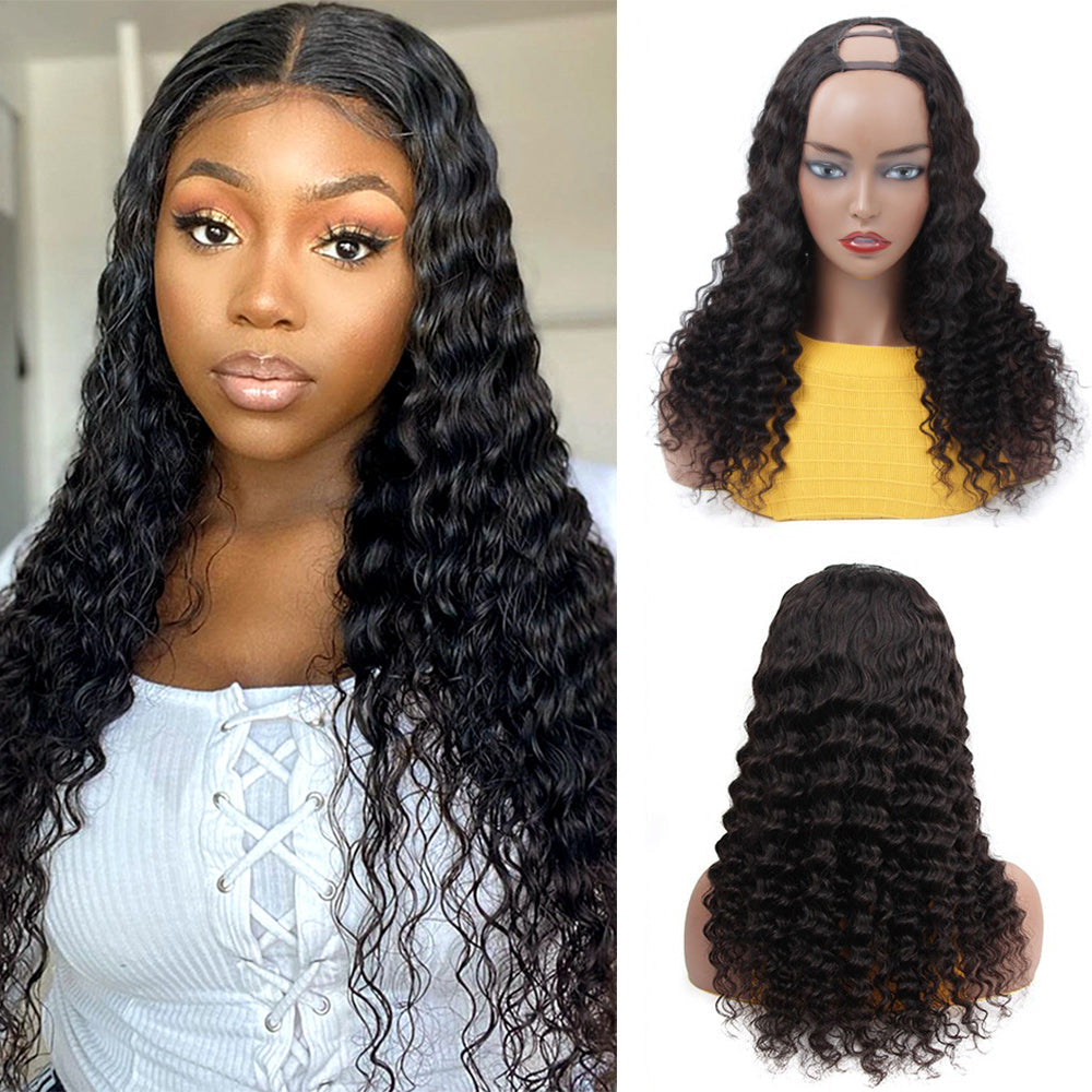 Deep Wave #1B Natural Black U Part Wigs 100% Virgin Human Hair 180% Density - U Part Wig