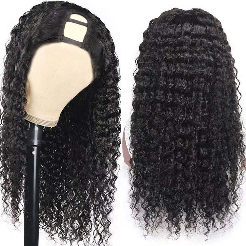 Deep Wave #1B Natural Black U Part Wigs 100% Virgin Human Hair 180% Density - U Part Wig