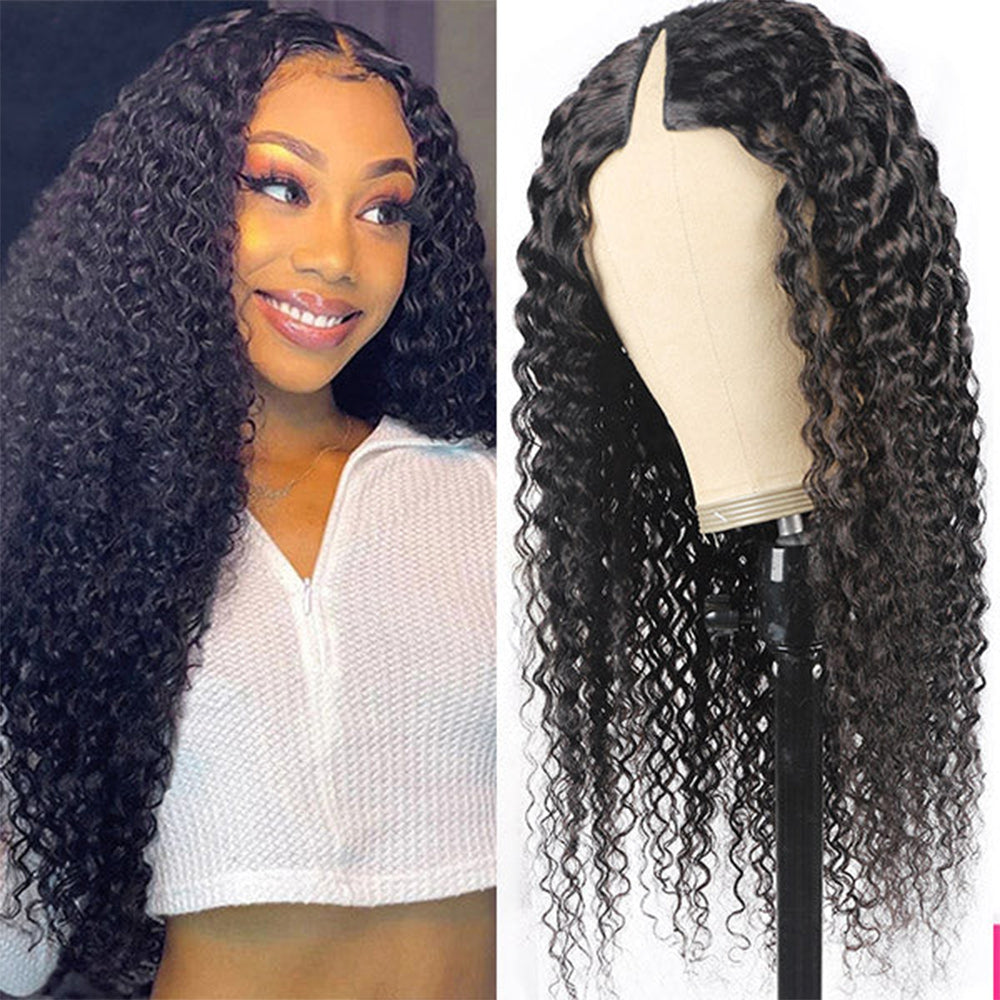 Deep Wave #1B Natural Black V Part Wigs 100% Virgin Human Hair 180% Density - V Part Wig