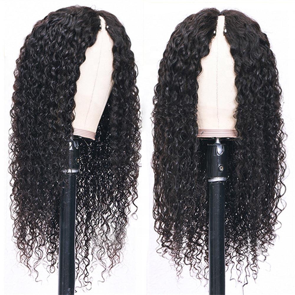 Deep Wave #1B Natural Black V Part Wigs 100% Virgin Human Hair 180% Density - V Part Wig