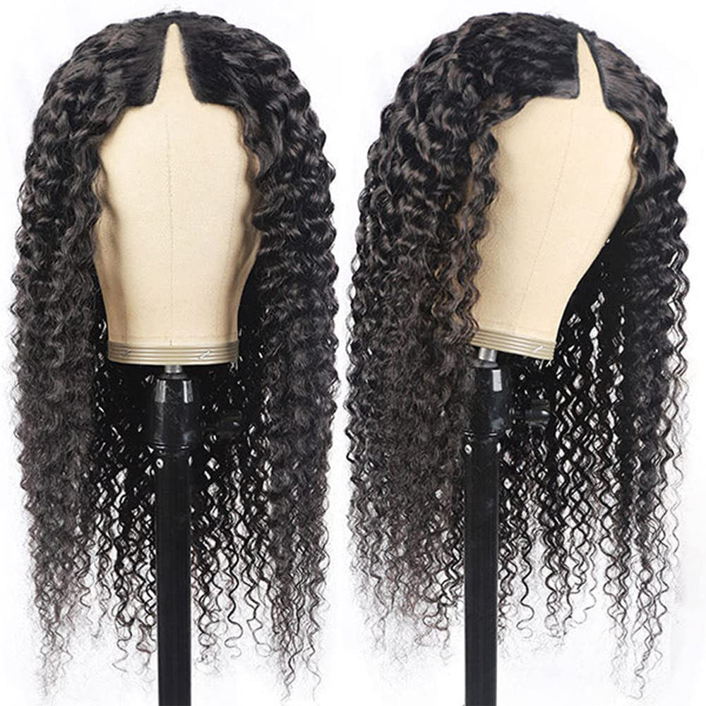 Deep Wave #1B Natural Black V Part Wigs 100% Virgin Human Hair 180% Density - V Part Wig