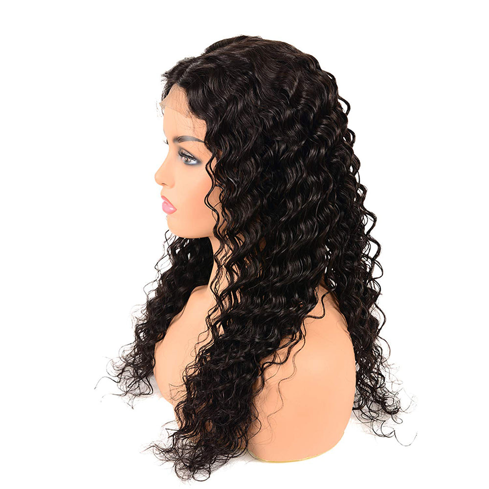 Deep Wave 4x4 Closure transparent Lace Wig #1B Natural Black Free Shipping - Closure Wig
