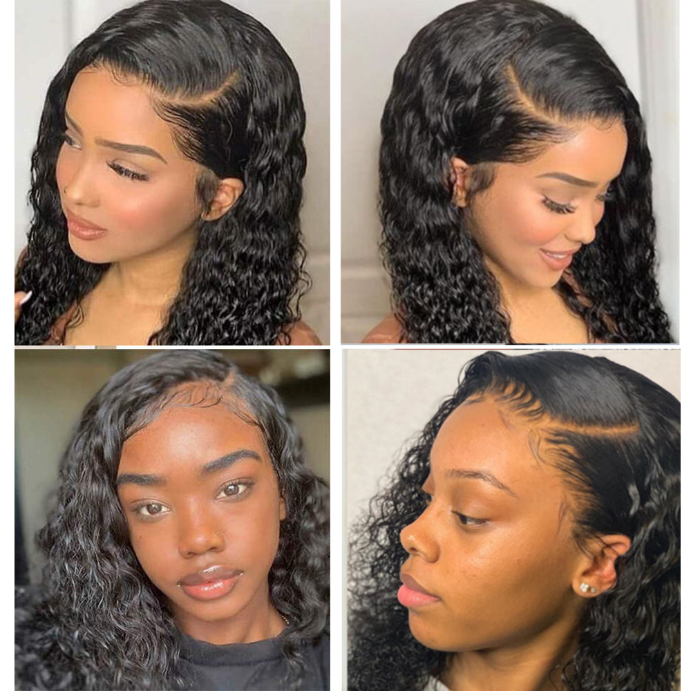 Deep Wave 4x4 Closure transparent Lace Wig #1B Natural Black Free Shipping - Closure Wig