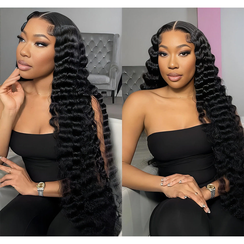 Deep Wave Full 13x6 Frontal transparent Lace Wig #1B Natural Black Free Shipping - Frontal Wig
