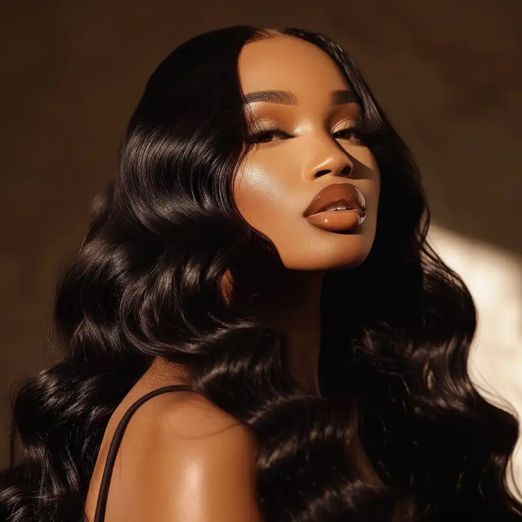 Glossy black wavy hair.