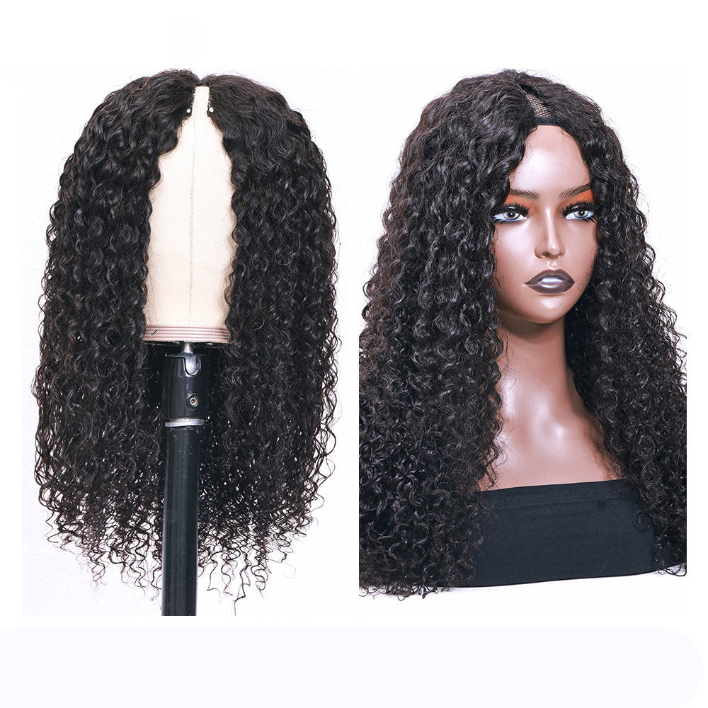 Kinky Curly #1B Natural Black V Part Wigs 100% Virgin Human Hair 180% Density Free Shipping - V Part Wig