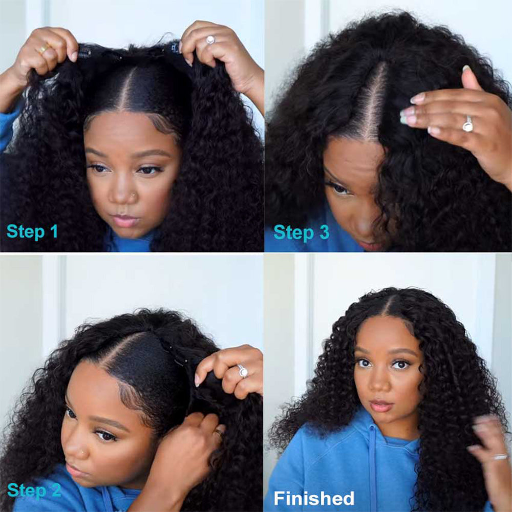 Kinky Curly #1B Natural Black V Part Wigs 100% Virgin Human Hair 180% Density Free Shipping - V Part Wig