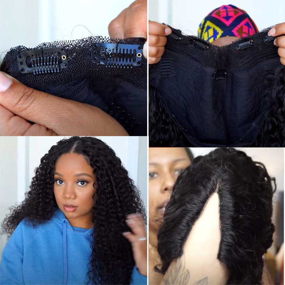 Kinky Curly #1B Natural Black V Part Wigs 100% Virgin Human Hair 180% Density Free Shipping - V Part Wig