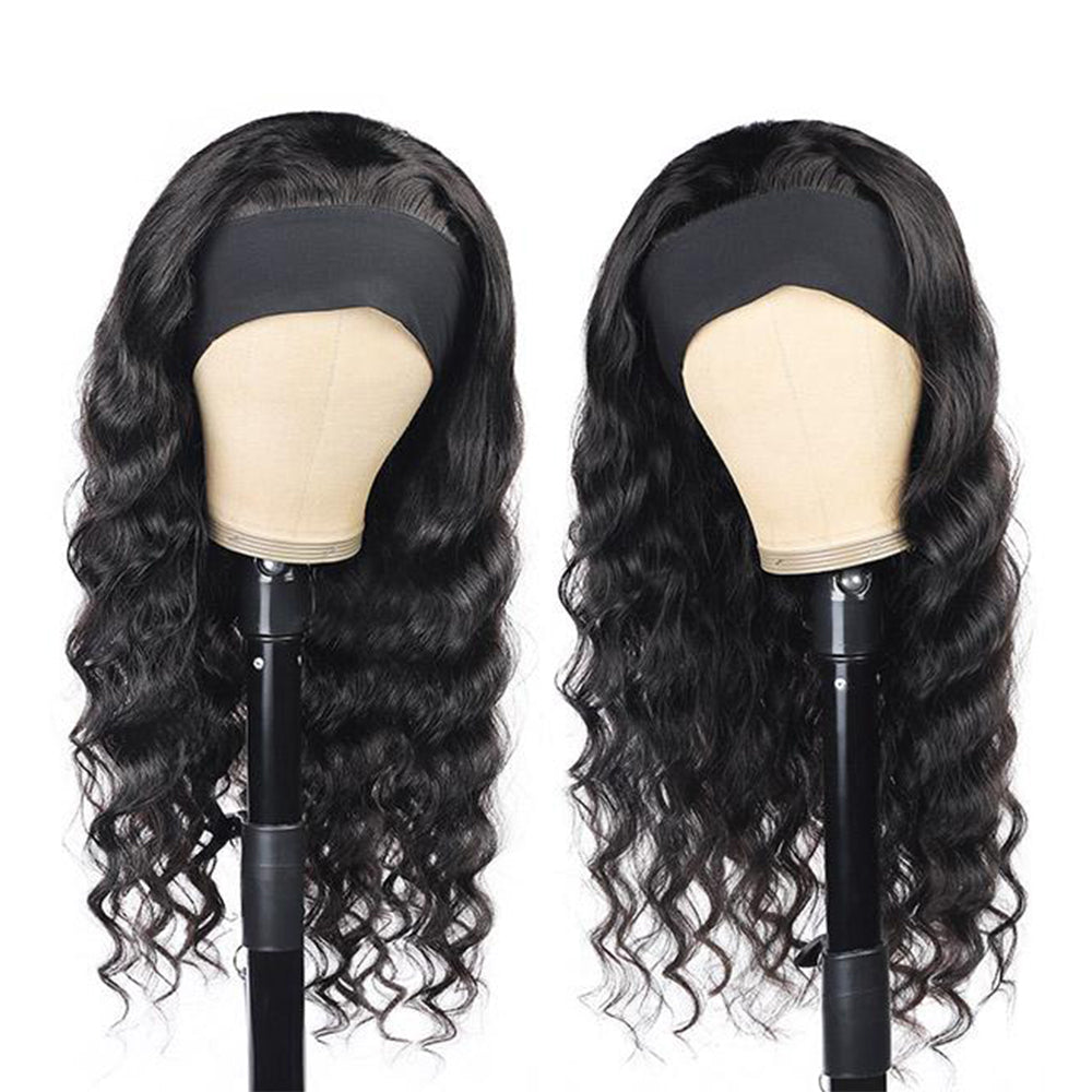 Loose Deep Curly #1B Natural Black Flexible 180% Density Beginner Friendly Headband Wig Free Shipping - Headband Wig