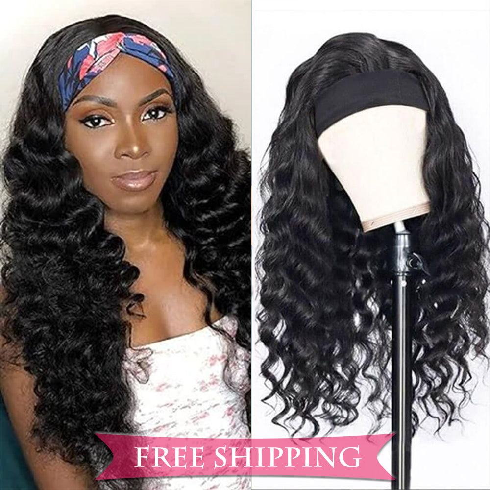 Loose Deep Curly #1B Natural Black Flexible 180% Density Beginner Friendly Headband Wig Free Shipping - Headband Wig