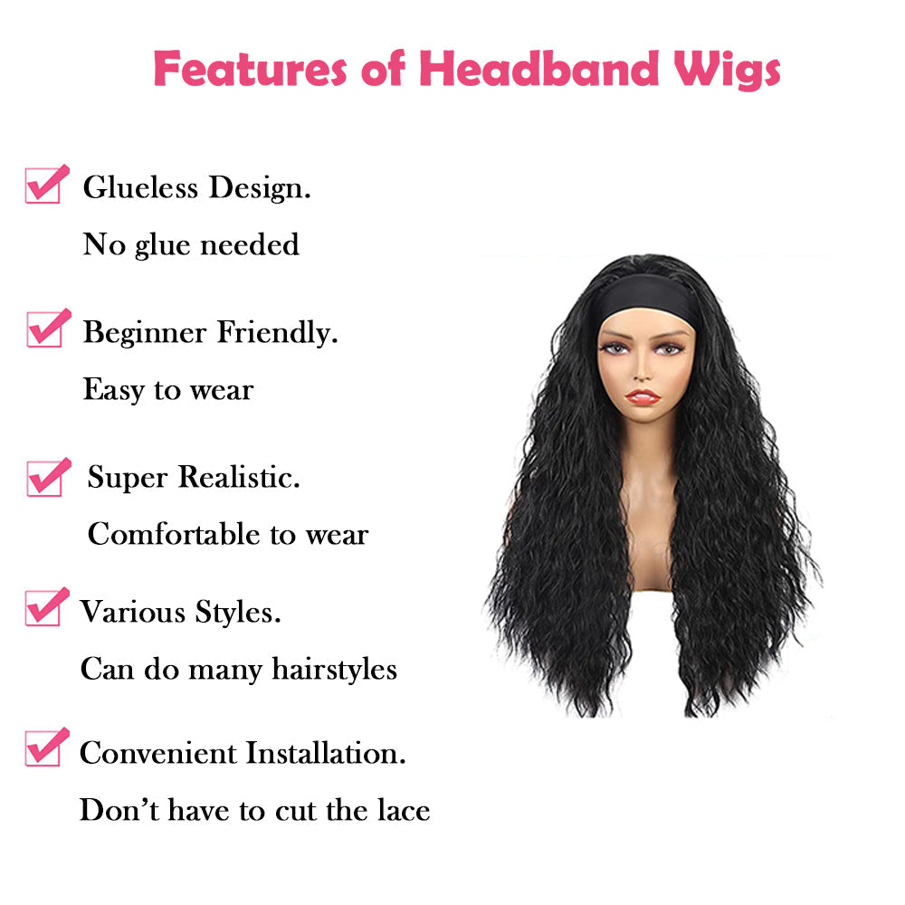 Natural Curly #1B Natural Black Flexible 180% Density Beginner Friendly Headband Wig Free Shipping - Headband Wig