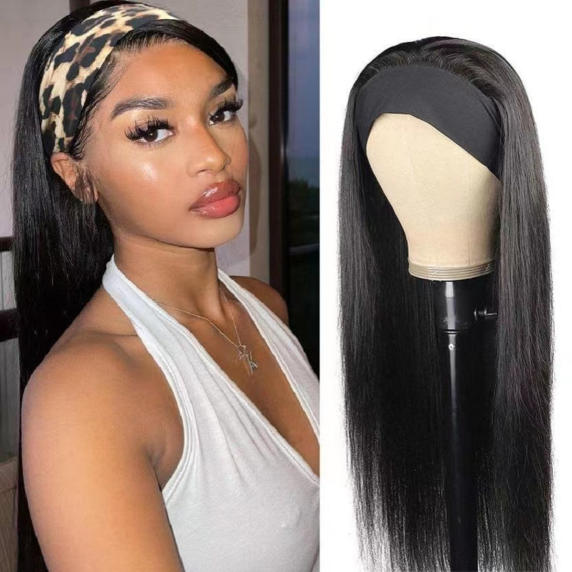 Straight #1B Natural Black Flexible 180% Density Beginner Friendly Headband Wig - Headband Wig