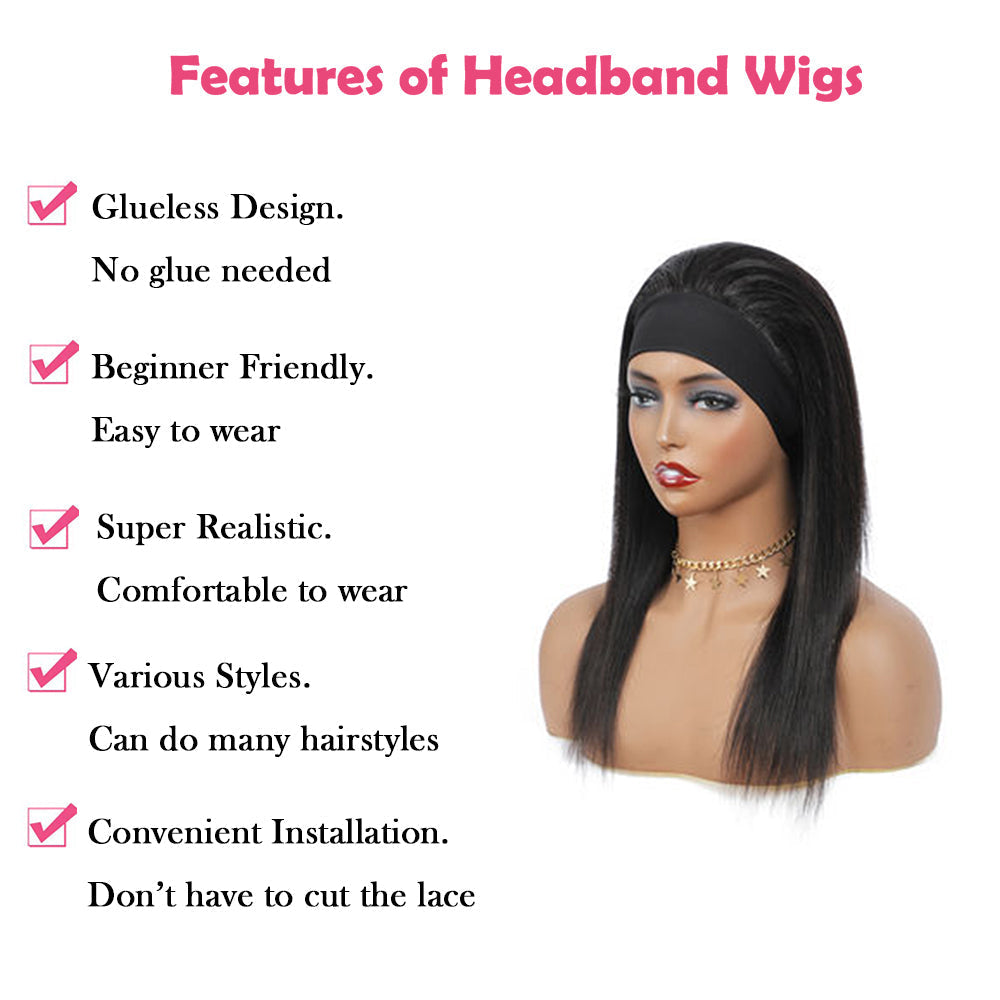 Straight #1B Natural Black Flexible 180% Density Beginner Friendly Headband Wig - Headband Wig