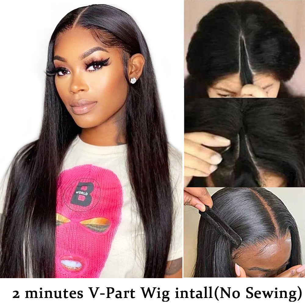 Straight #1B Natural Black V Part Wigs 100% Virgin Human Hair 180% Density Free Shipping - V Part Wig