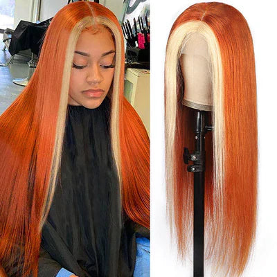 Straight #613/350 Blond Front/Orange Back Highlight Full 13*4 Frontal Lace Wig Color Wig Free Shipping - Frontal Wig