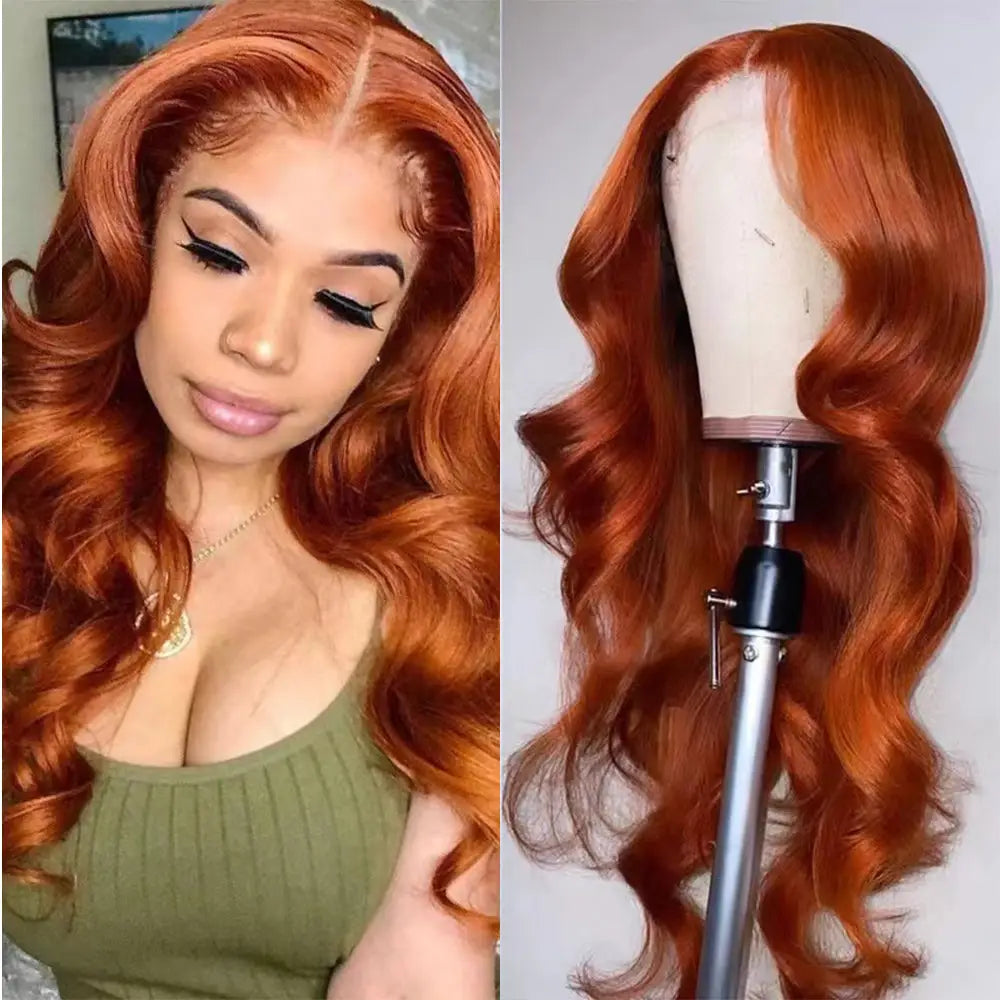 #350 Orange Ginger Body Wave Full 13x4 Frontal transparent Lace Wig Color Wig - Frontal Wig