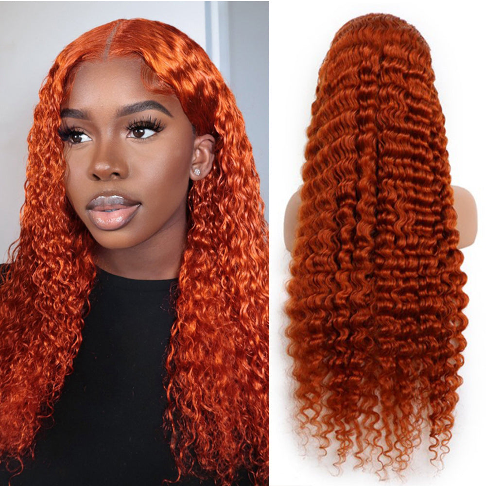 #350 Orange Ginger Deep Wave Full 13x4 Frontal transparent Lace Wig Color Wig - Frontal Wig