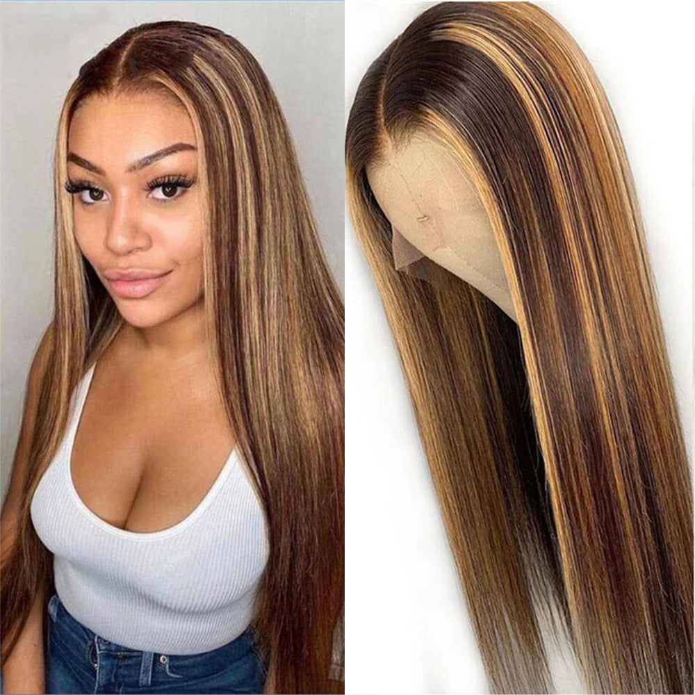 #4/27 Highlight Straight Full 13x4 Frontal transparent Lace Wig Color Wig - Frontal Wig