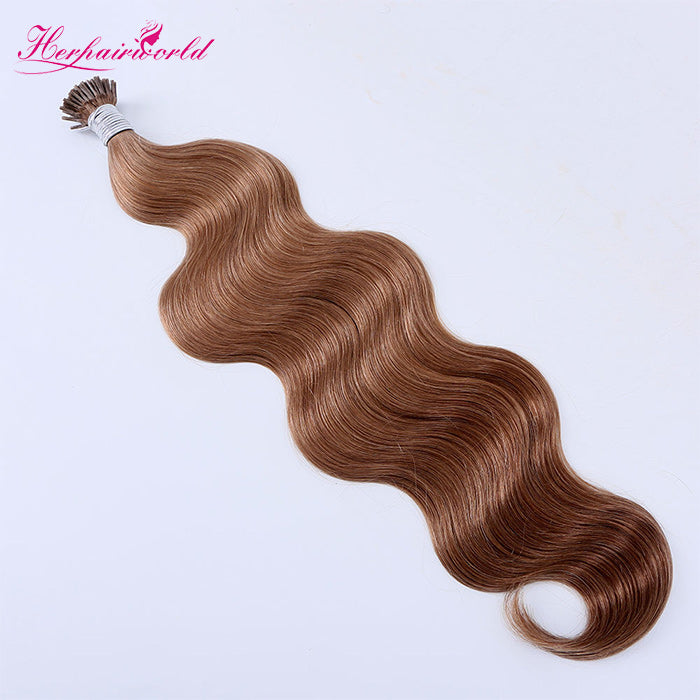 #8 Light Brown Stick Hair I Tip Remy Hair Extension Body Wave Dark Color (100pcs - 100g£© - Hair Extension