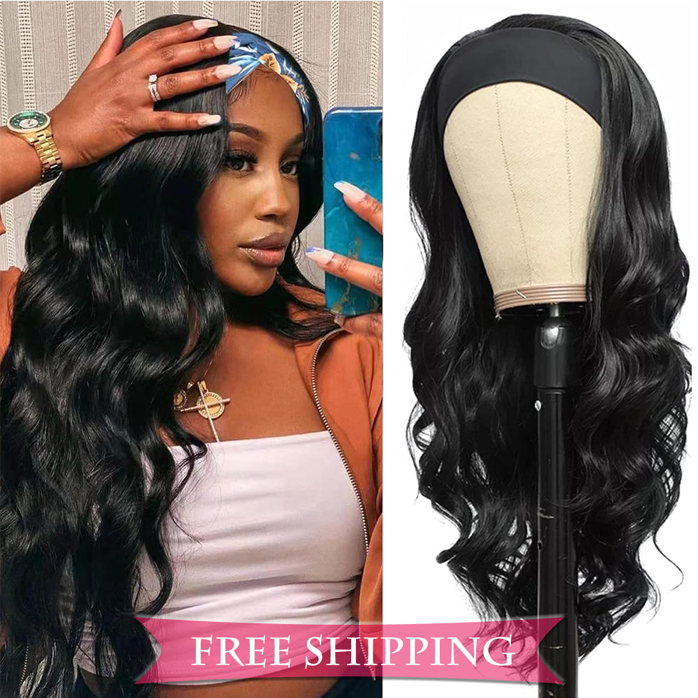 Body Wave #1B Natural Black Flexible 180% Density Beginner Friendly Headband Wig Free Shipping - Headband Wig