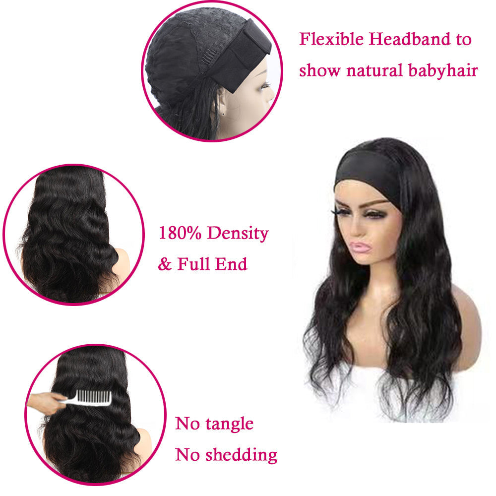 Body Wave #1B Natural Black Flexible 180% Density Beginner Friendly Headband Wig - Headband Wig