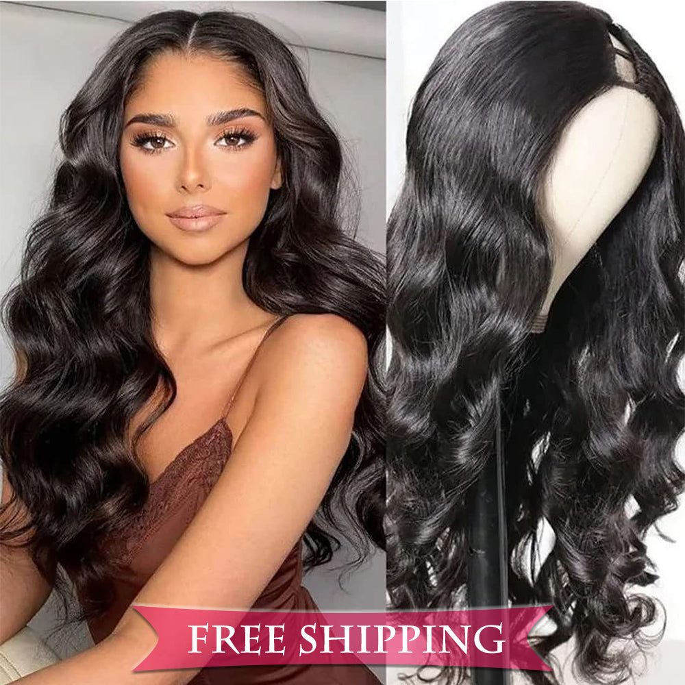Body Wave #1B Natural Black U Part Wigs 100% Virgin Human Hair 180% Density Free Shipping - U Part Wig
