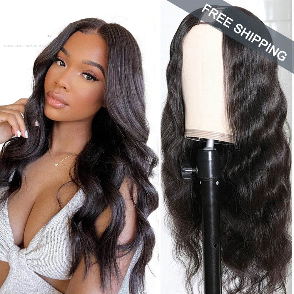 Body Wave #1B Natural Black U Part Wigs 100% Virgin Human Hair 180% Density Free Shipping - U Part Wig