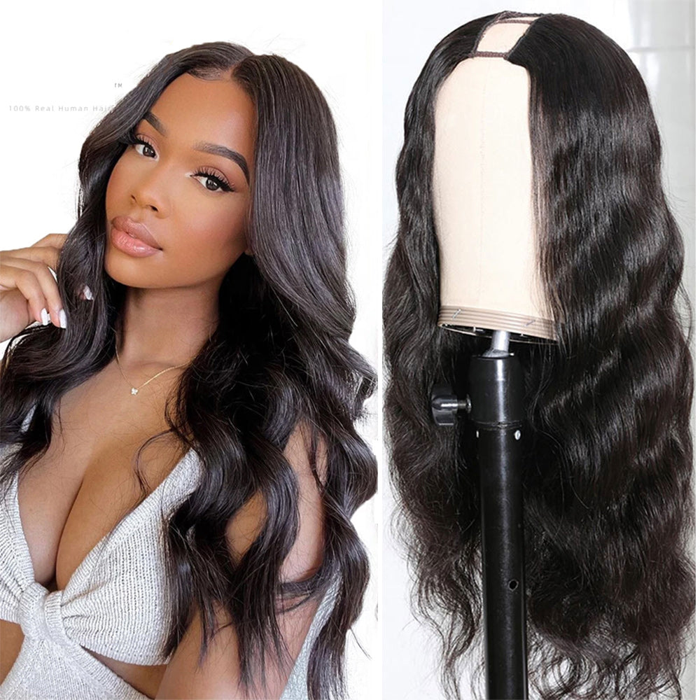 Body Wave #1B Natural Black U Part Wigs 100% Virgin Human Hair 180% Density - U Part Wig