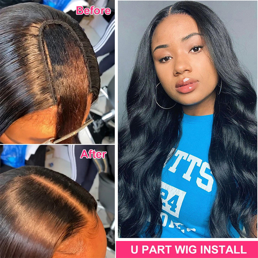 Body Wave #1B Natural Black U Part Wigs 100% Virgin Human Hair 180% Density - U Part Wig