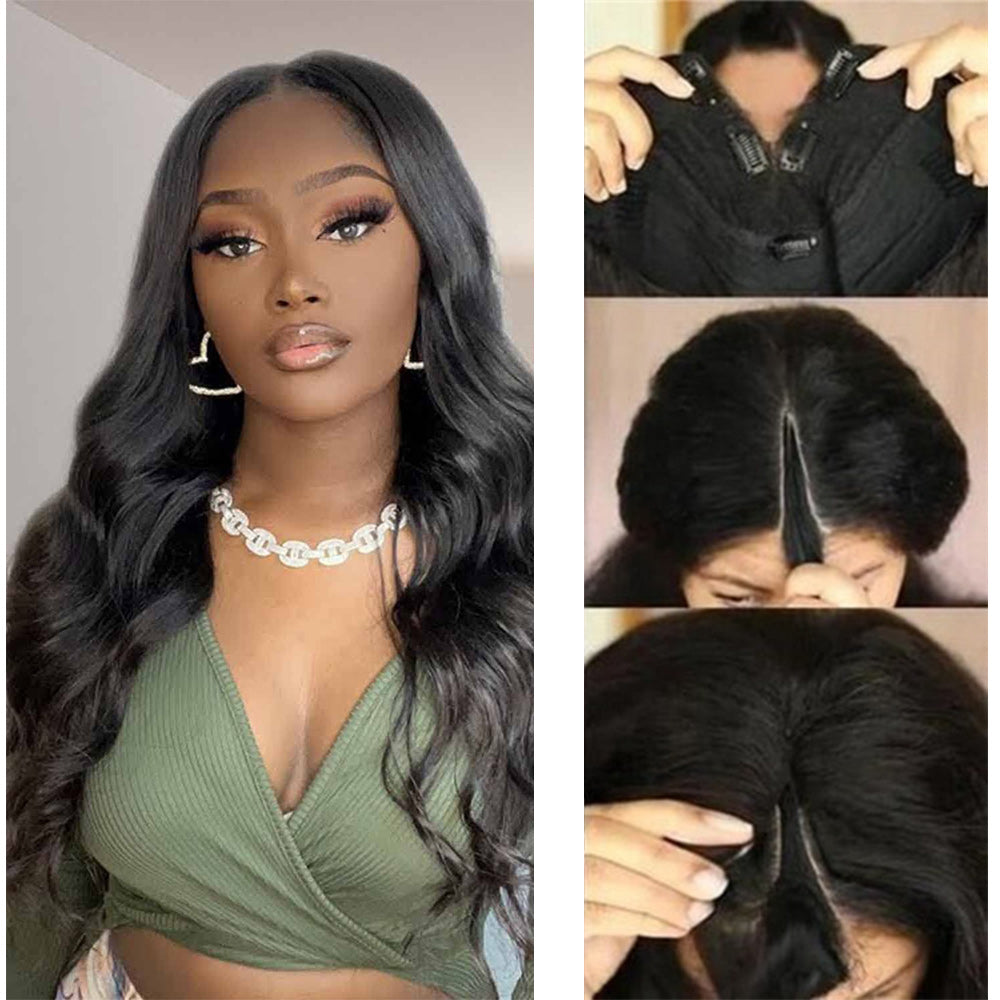 Body Wave #1B Natural Black V Part Wigs 100% Virgin Human Hair 180% Density Free Shipping - V Part Wig