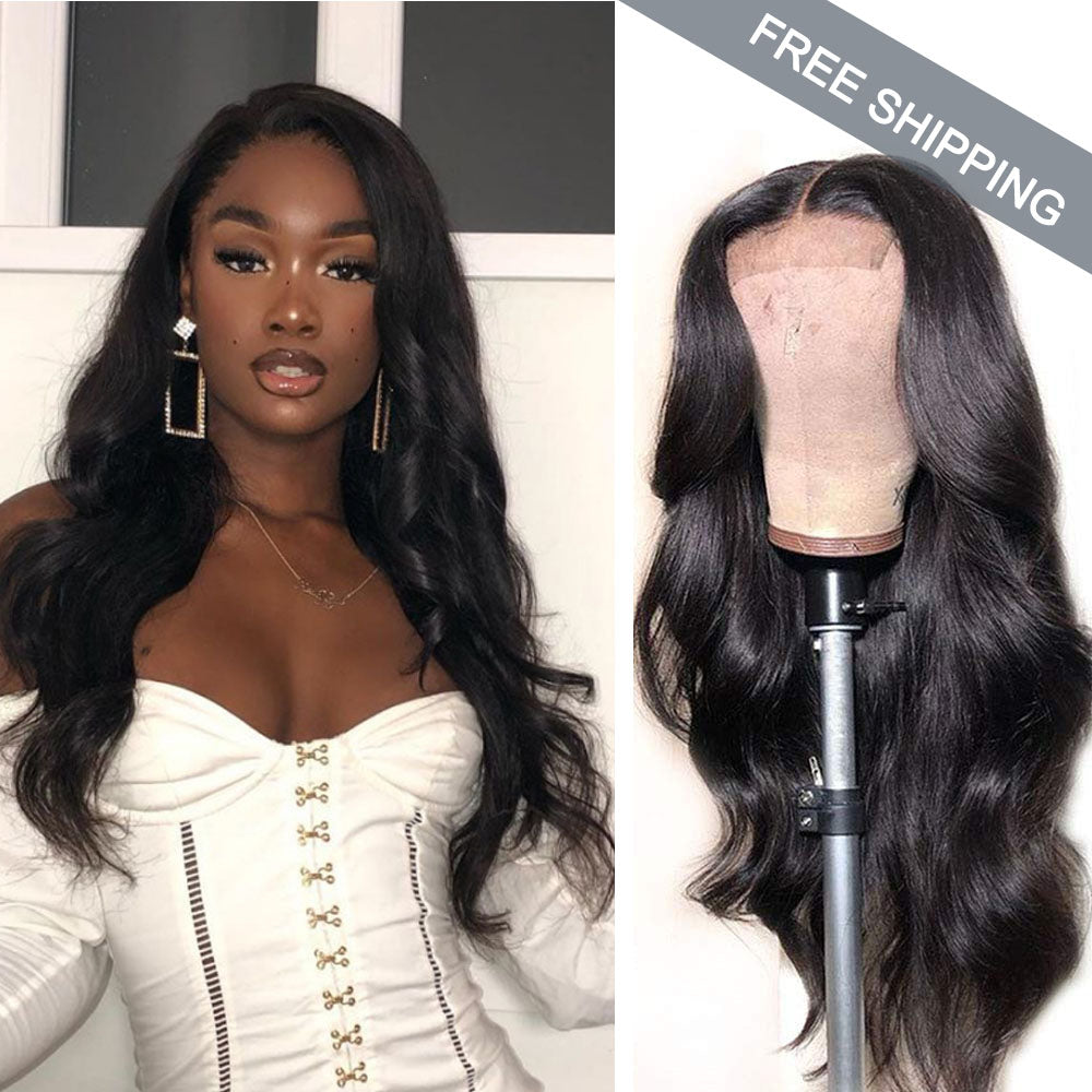 Body Wave 4x4 Closure transparent Lace Wig #1B Natural Black Free Shipping - Closure Wig