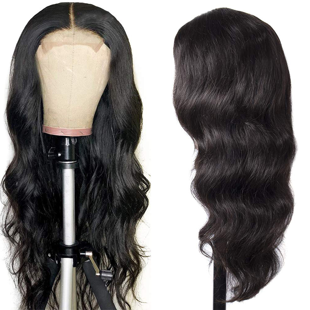 Body Wave 4x4 Closure transparent Lace Wig #1B Natural Black Free Shipping - Closure Wig