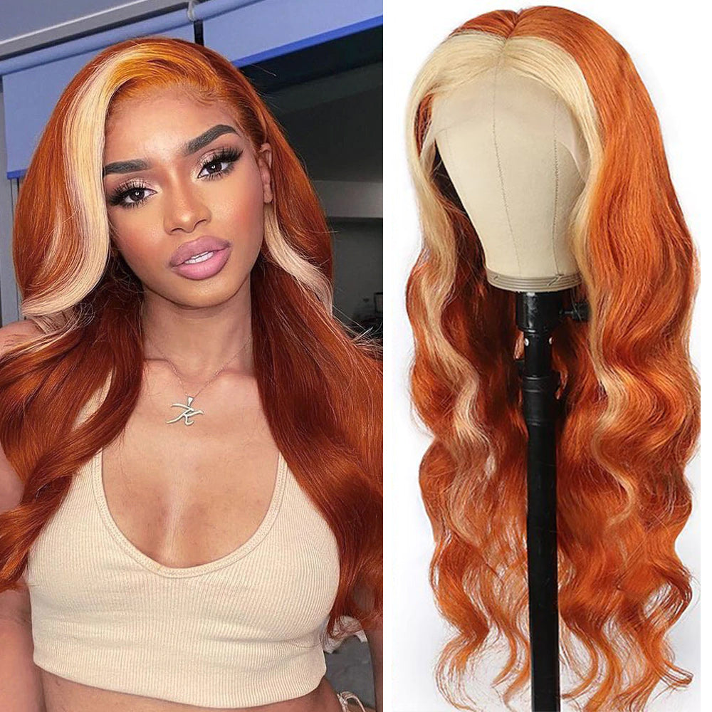 Body Wave #613/350 Blond Front/Orange Back Highlight Full 13*4 Frontal Lace Wig Color Wig Free Shipping - Frontal Wig