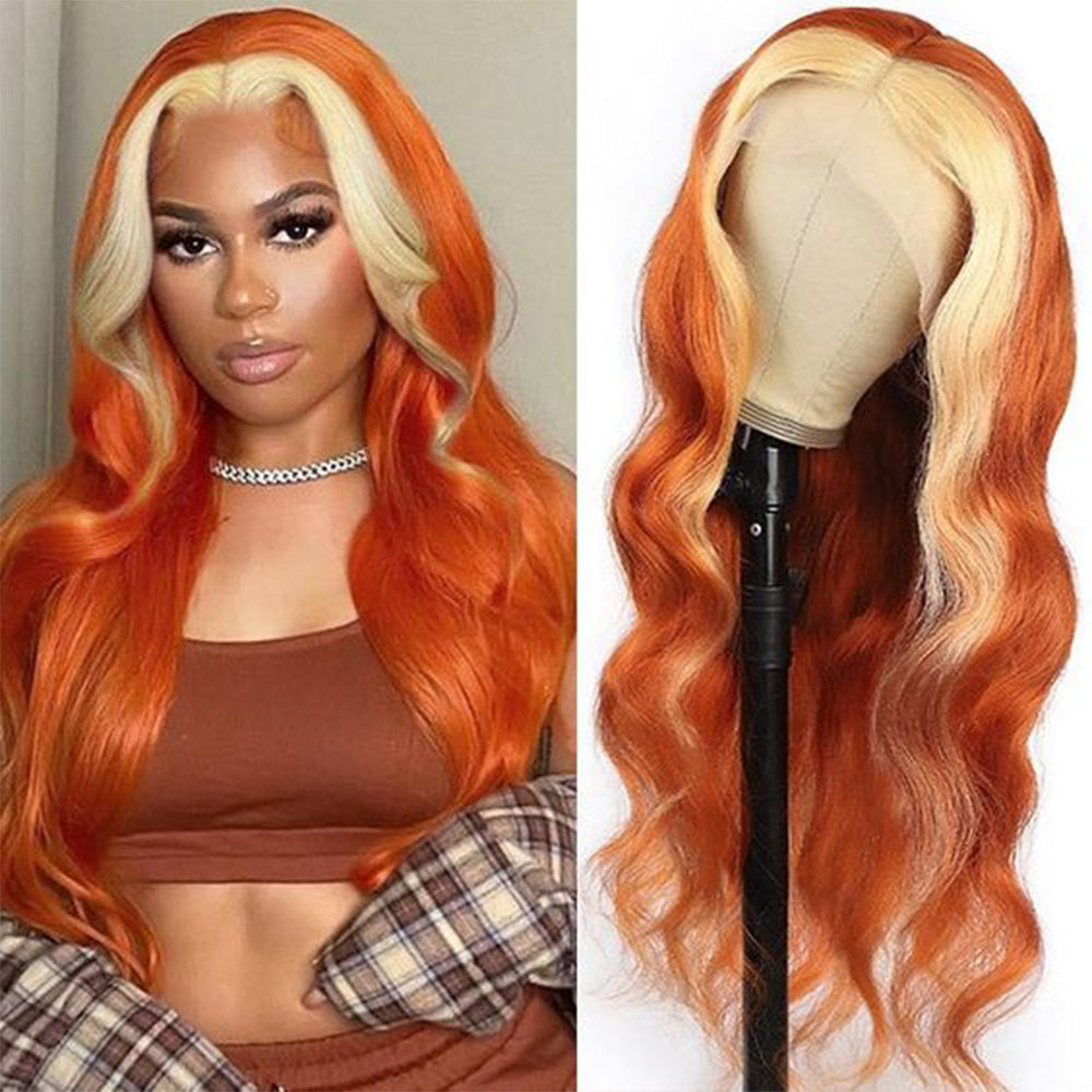 Body Wave #613/350 Blond Front/Orange Back Highlight Full 13*4 Frontal Lace Wig Color Wig Free Shipping - Frontal Wig