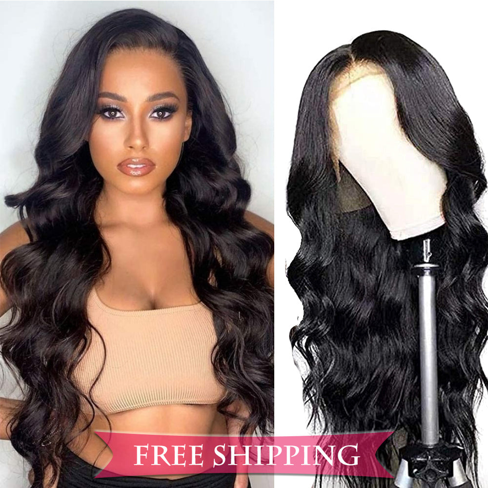 Body Wave Full 13x4 Frontal transparent Lace Wig #1B Natural Black Free Shipping - Frontal Wig