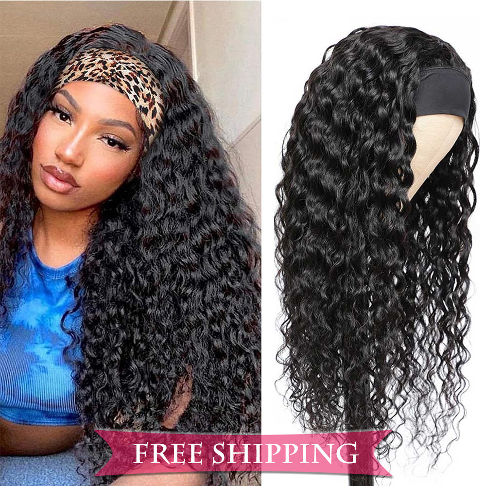 Deep Wave #1B Natural Black Flexible 180% Density Beginner Friendly Headband Wig Free Shipping - Headband Wig