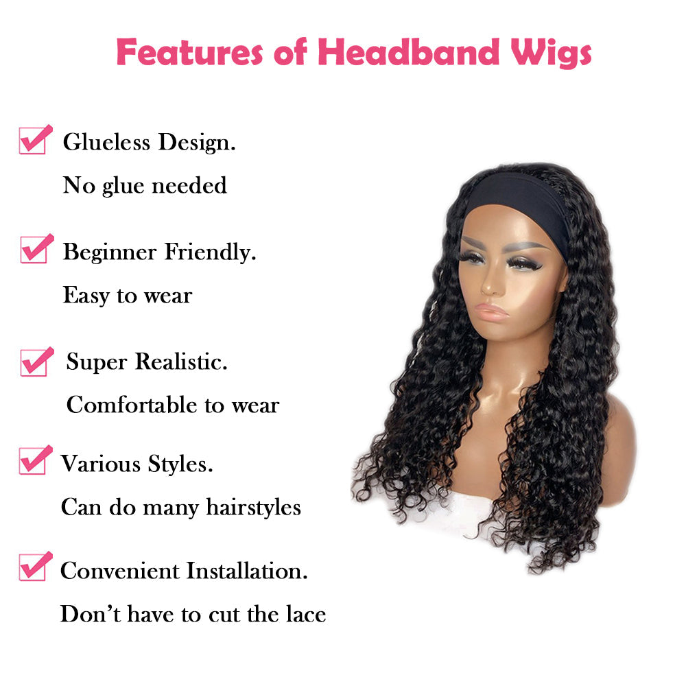 Deep Wave #1B Natural Black Flexible 180% Density Beginner Friendly Headband Wig Free Shipping - Headband Wig