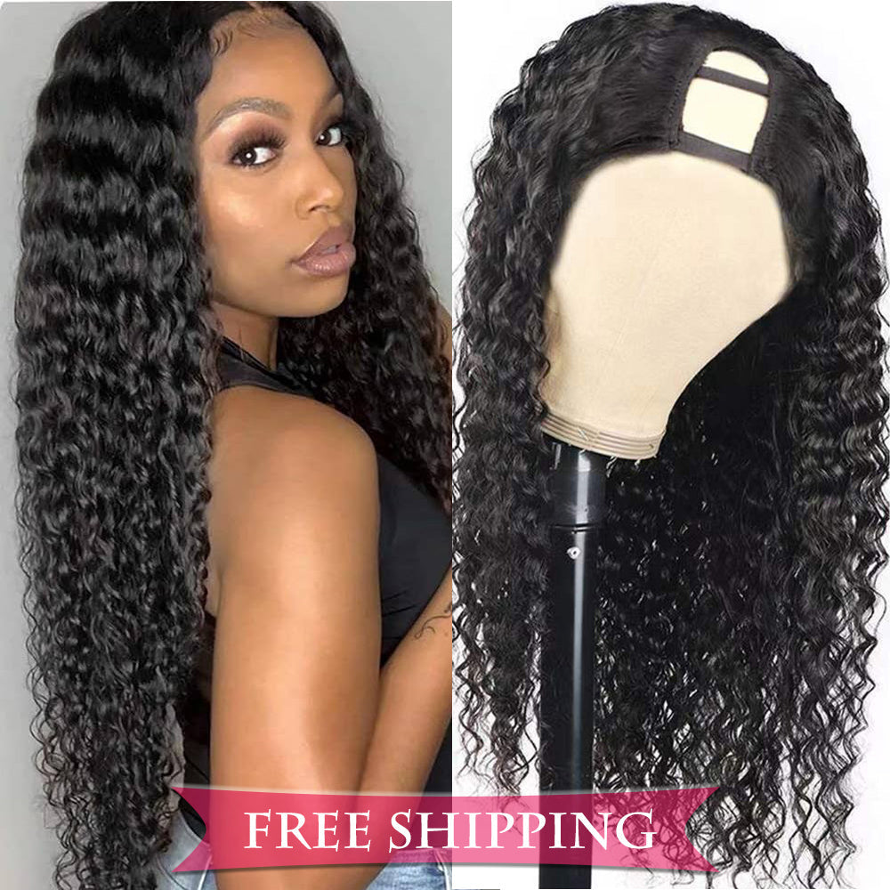 Deep Wave #1B Natural Black U Part Wigs 100% Virgin Human Hair 180% Density Free Shipping - U Part Wig