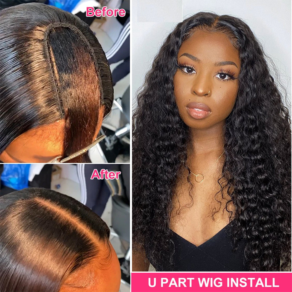 Deep Wave #1B Natural Black U Part Wigs 100% Virgin Human Hair 180% Density - U Part Wig
