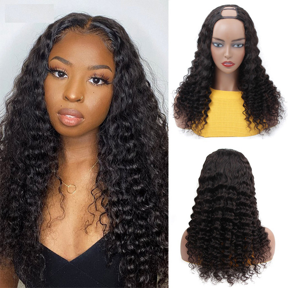 Deep Wave #1B Natural Black U Part Wigs 100% Virgin Human Hair 180% Density - U Part Wig