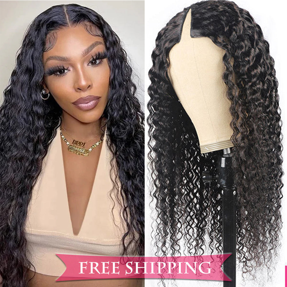Deep Wave #1B Natural Black V Part Wigs 100% Virgin Human Hair 180% Density Free Shipping - V Part Wig