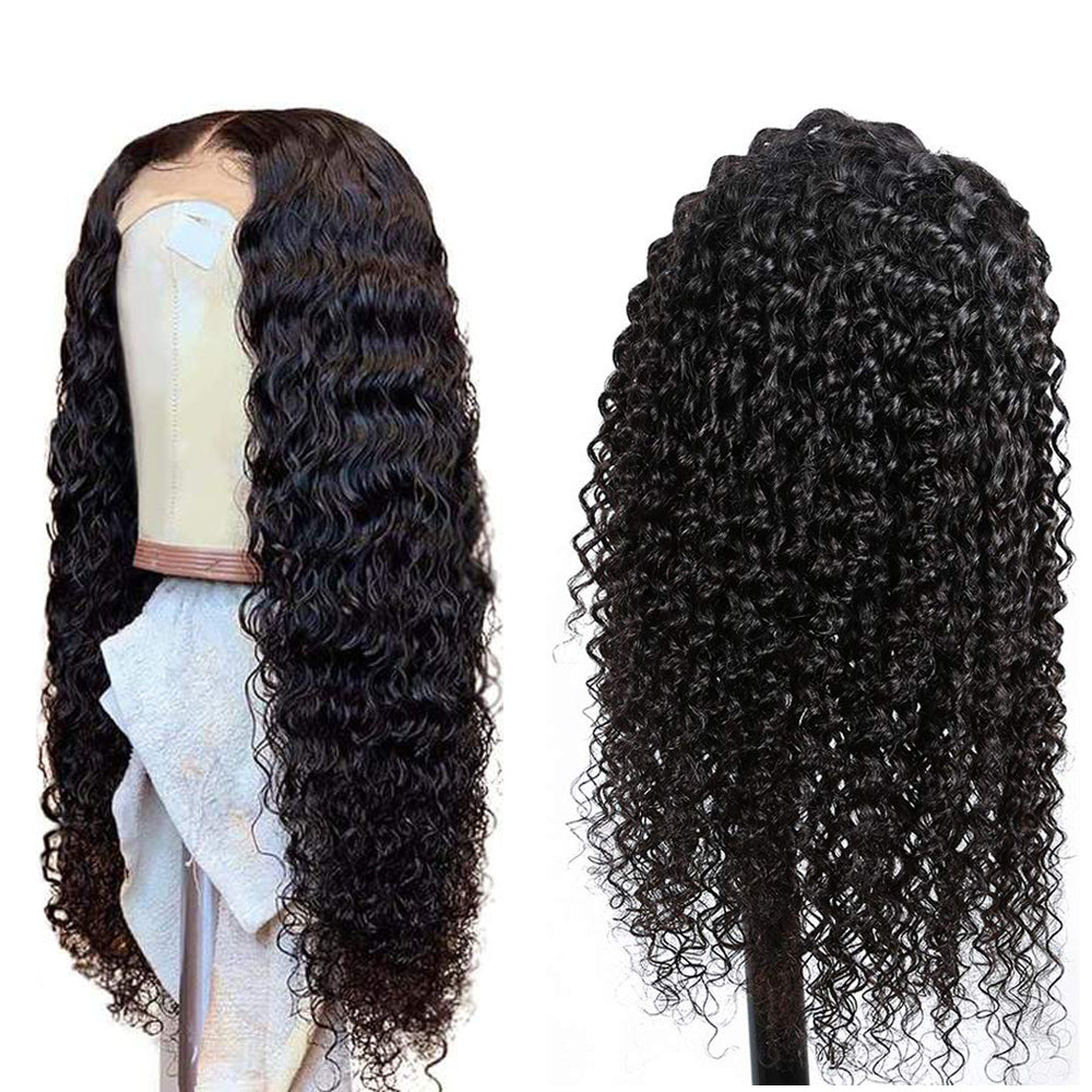 Deep Wave 4x4 Closure transparent Lace Wig #1B Natural Black Free Shipping - Closure Wig
